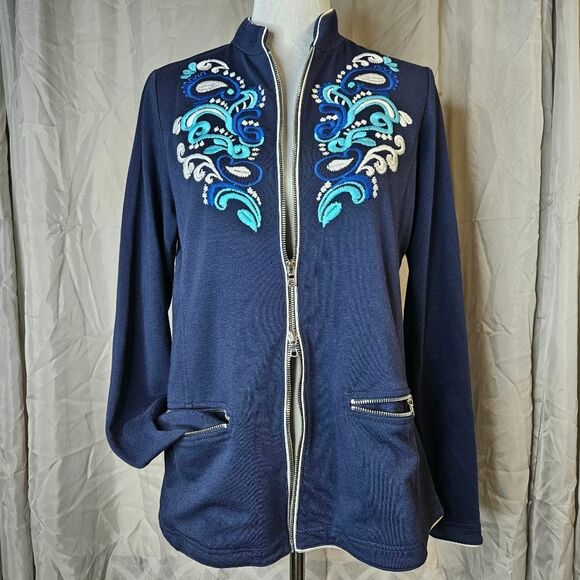 Boston Proper Sport Navy Blue Intricate Embroidery Long Sleeve Full Zip Jacket - Picture 4 of 12